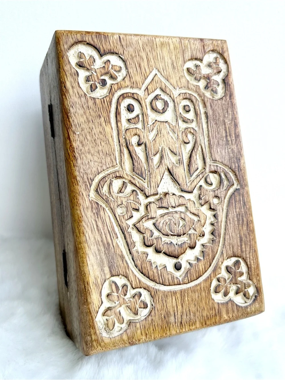 4”x6” Hand Carved Hamsa Wooden Trinket Box | Spiritual Jewelry & Crystal Storage